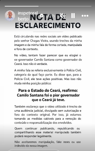 Inspetor Alberto defende-se e afirma que vídeo enaltecendo Camilo foi mal interpretado